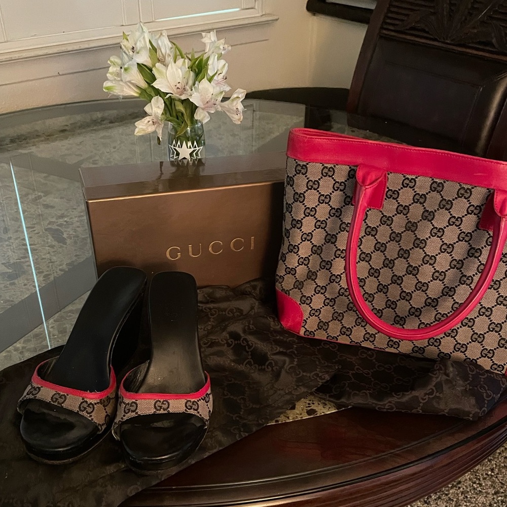Authentic Gucci wedge shoes size 8 and matching authentic Gucci purse